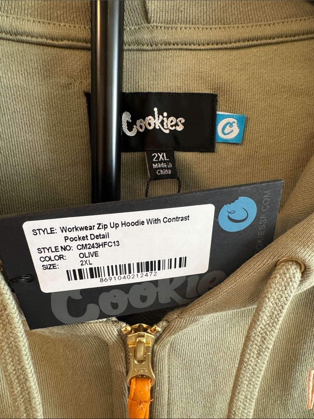 New! Cookies Workwear Zip Up Hoodie is styled in olive with rust-colored pockets - Picture 3 of 5